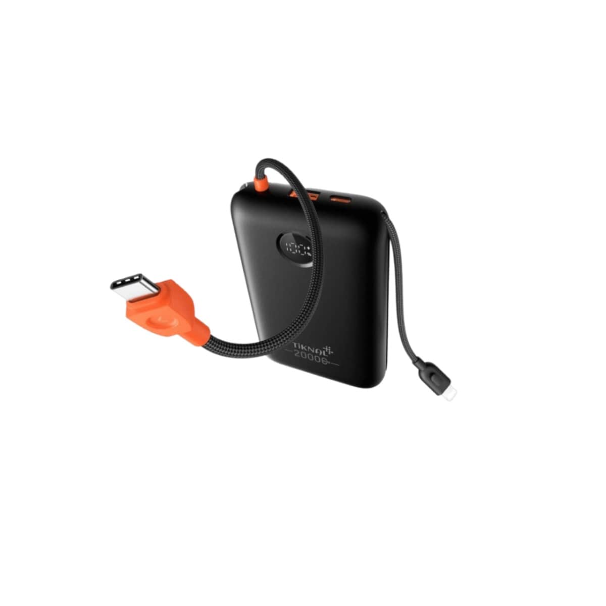 Tiknal Black 20000mAh 22.5W Power Bank with Built-in USB-C & Lightning Cable
