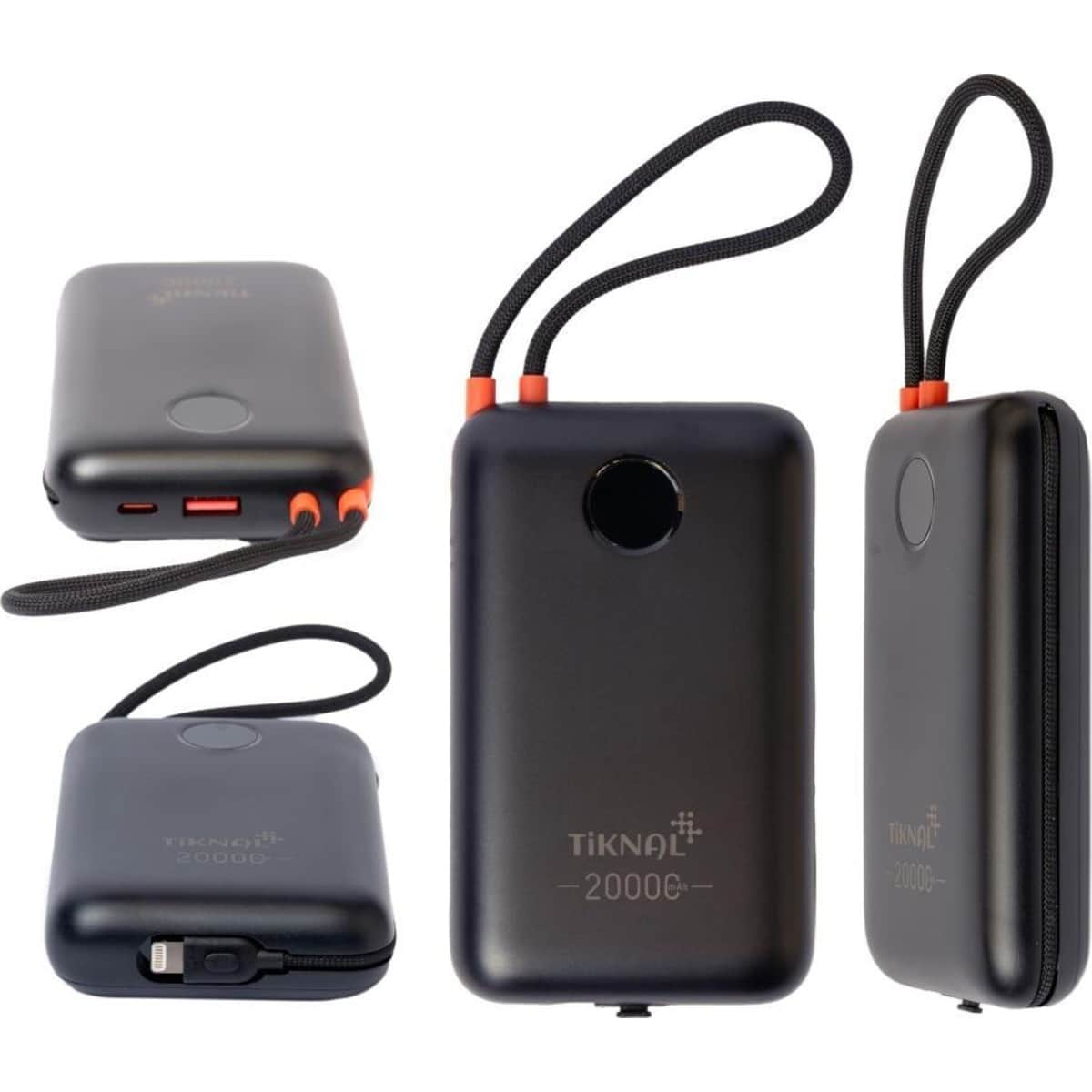 Tiknal Black 20000mAh 22.5W Power Bank with Built-in USB-C & Lightning Cable