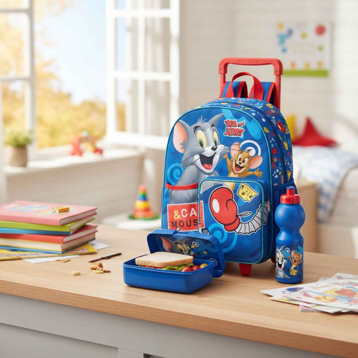 توم وجيري مجموعة حقيبة ترولي وظهر مقاس 14 انش مع صندوق غداء وزجاجة ماء