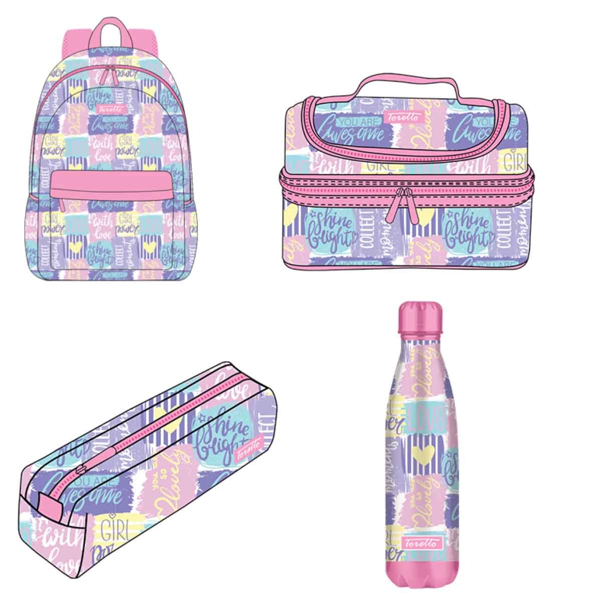 Toretto 4-Piece M2227 Backpack, Lunch Bag, Water Bottle & Pencil Case Set