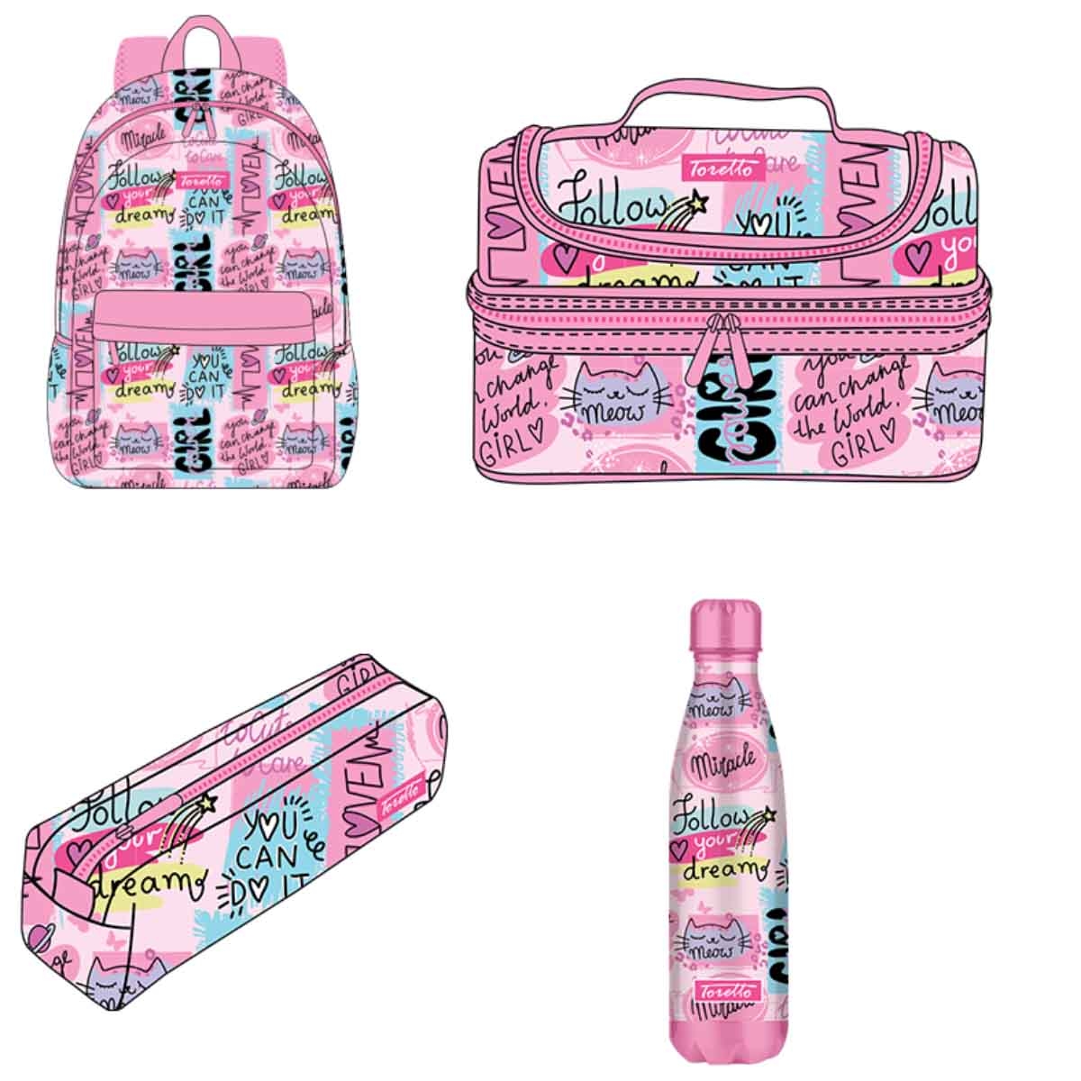 Toretto 4-Piece M2228 Backpack, Lunch Bag, Water Bottle & Pencil Case Set