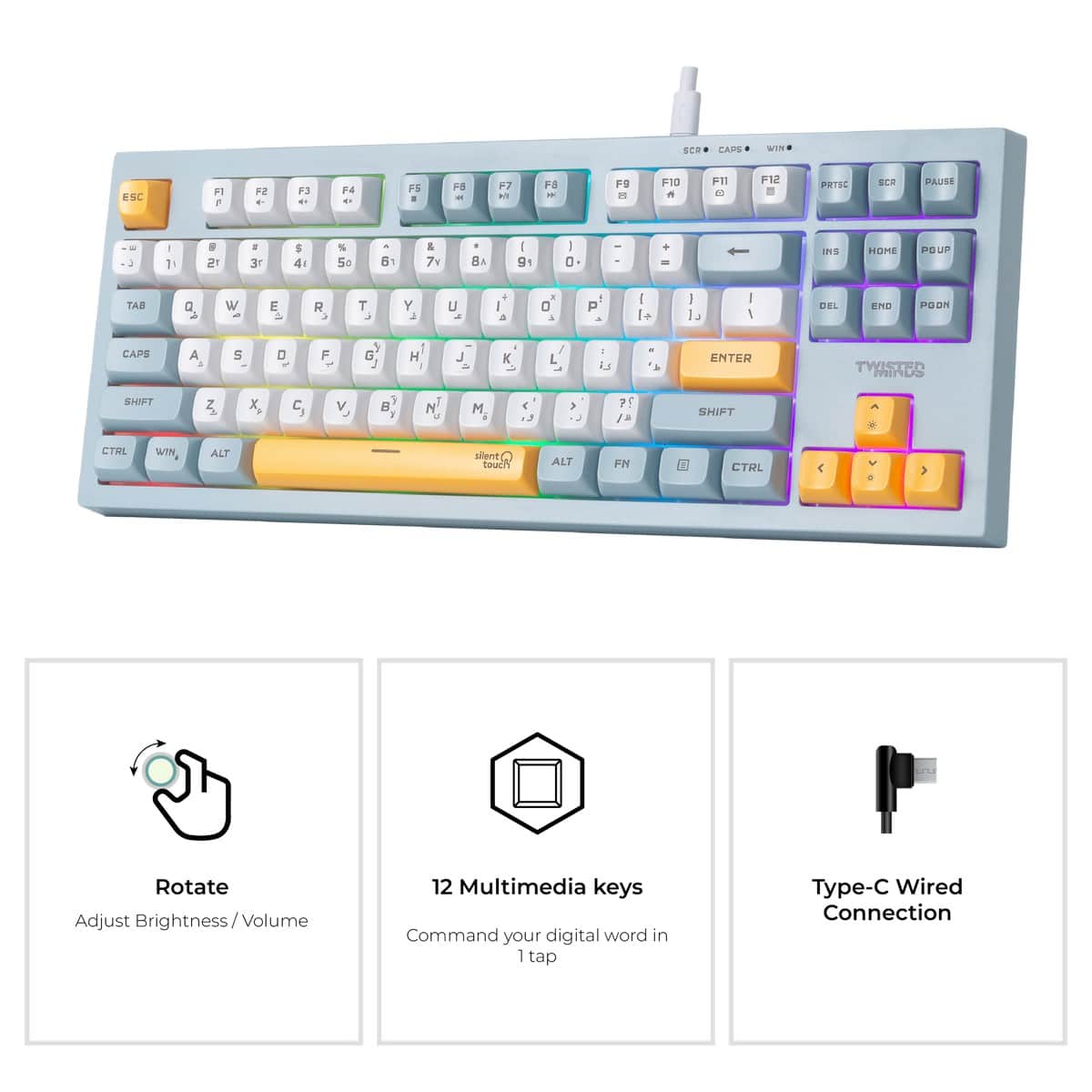 Twisted Minds Spectrum Series 80% Gasket English/Arabic Wired Membrane Gaming Keyboard