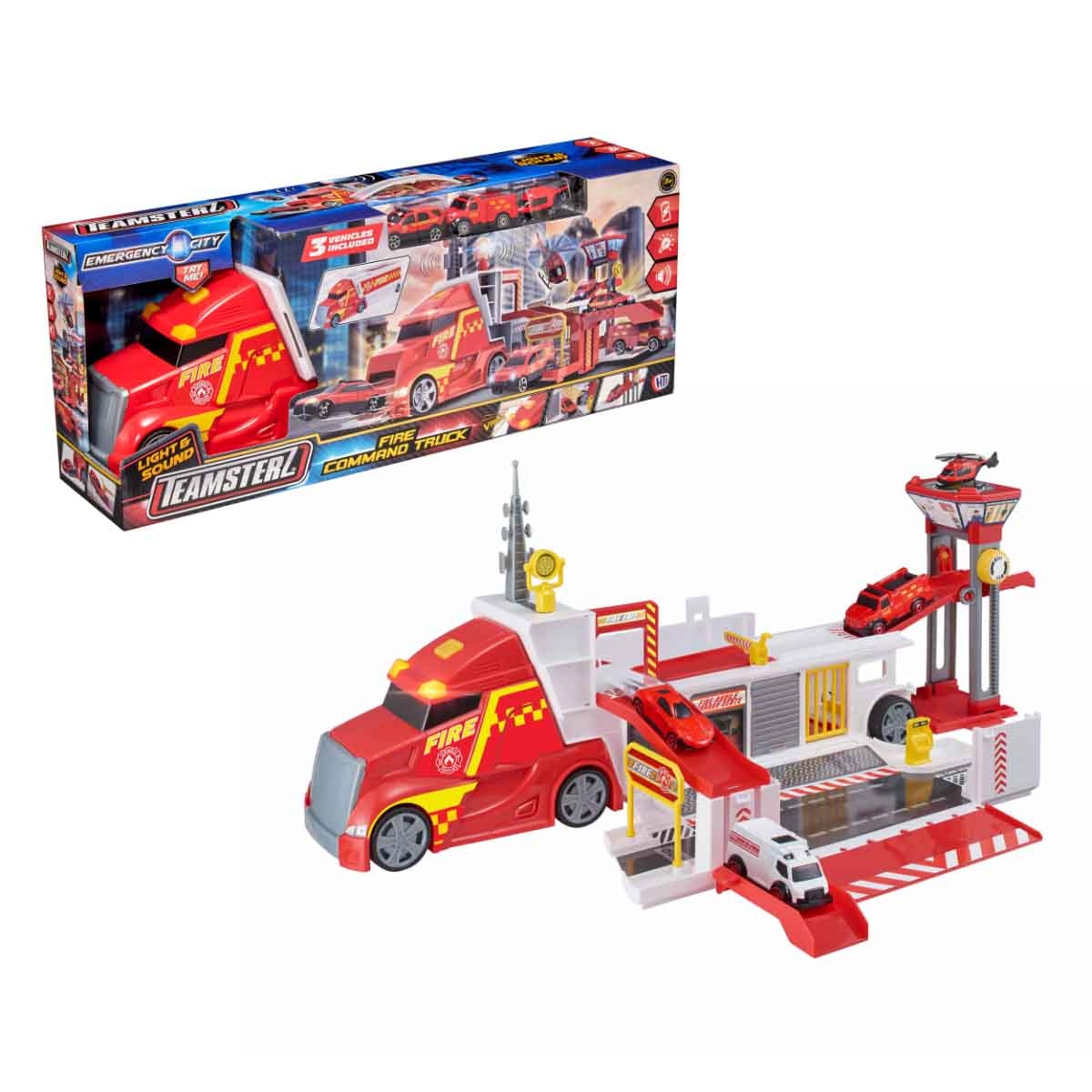Teamsterz Light & Sound Fire Command Truck & 3 Cars Playset Unisex, 3-4 Years