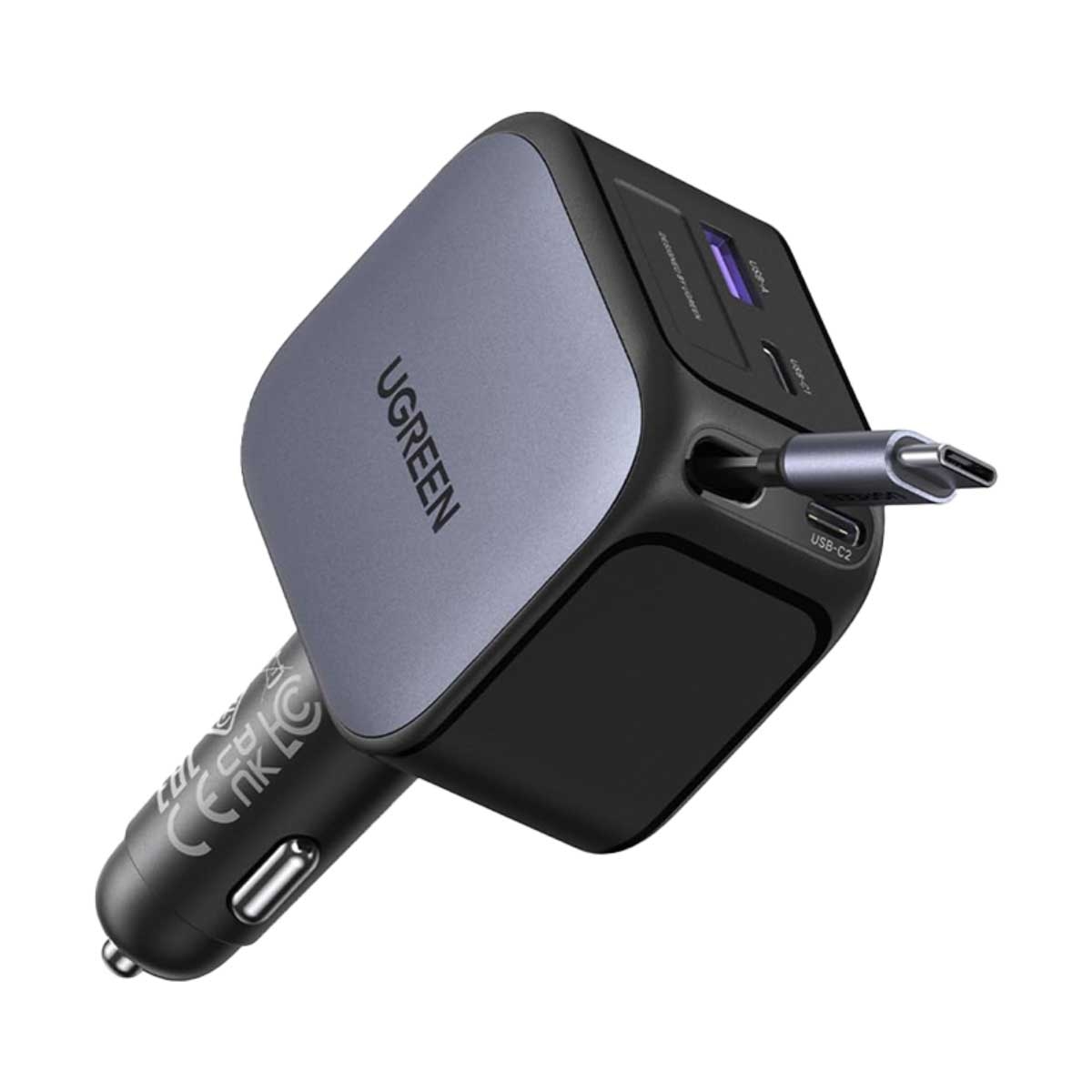 يوجرين شاحن سيارة بقدرة 145W مع 3 منافذ وكابل USB-C قابل للسحب