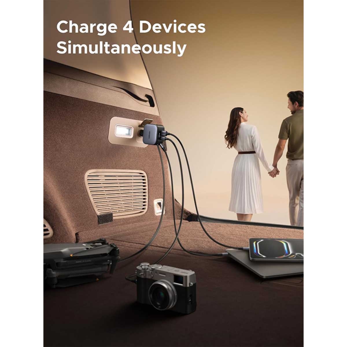 يوجرين شاحن سيارة بقدرة 145W مع 3 منافذ وكابل USB-C قابل للسحب