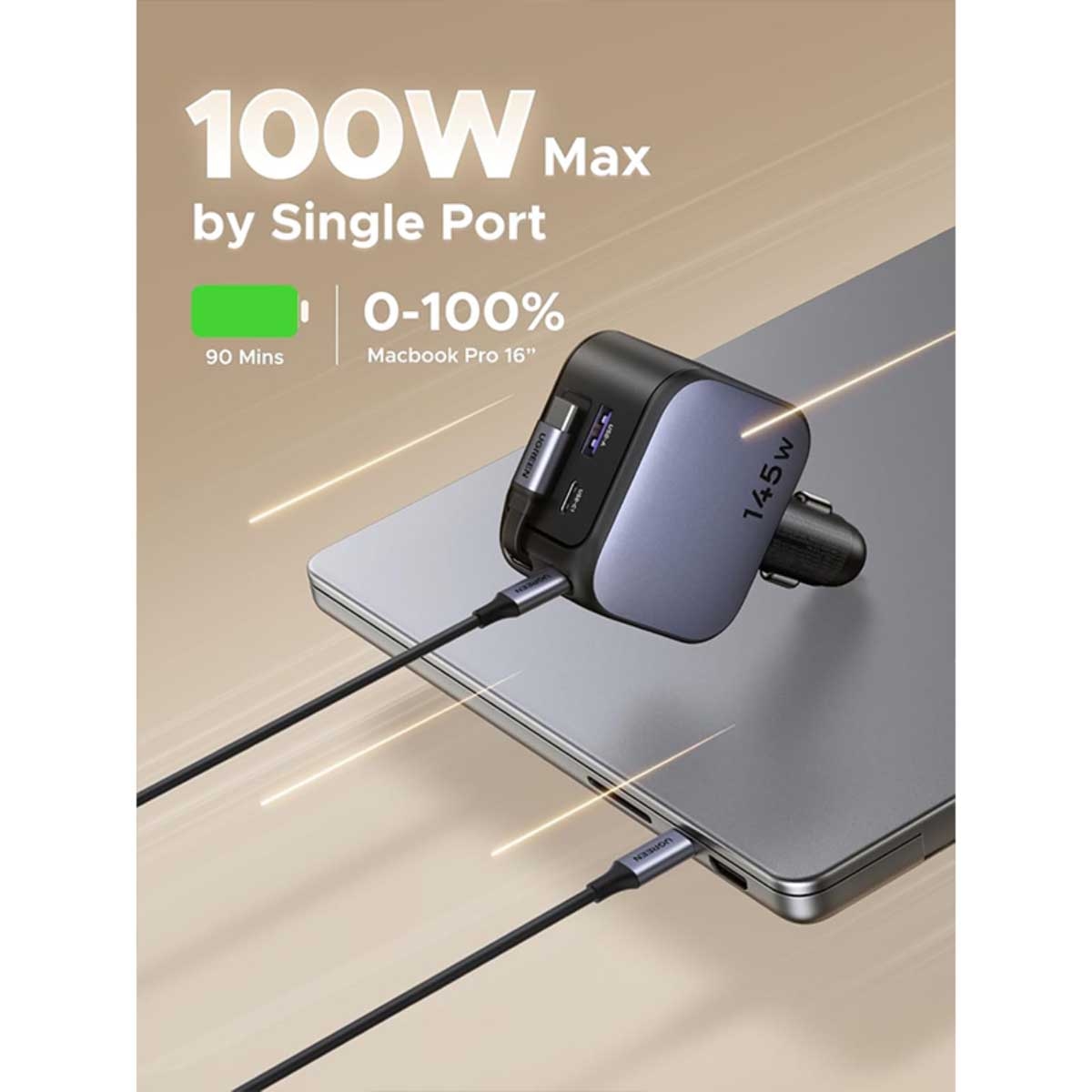 يوجرين شاحن سيارة بقدرة 145W مع 3 منافذ وكابل USB-C قابل للسحب