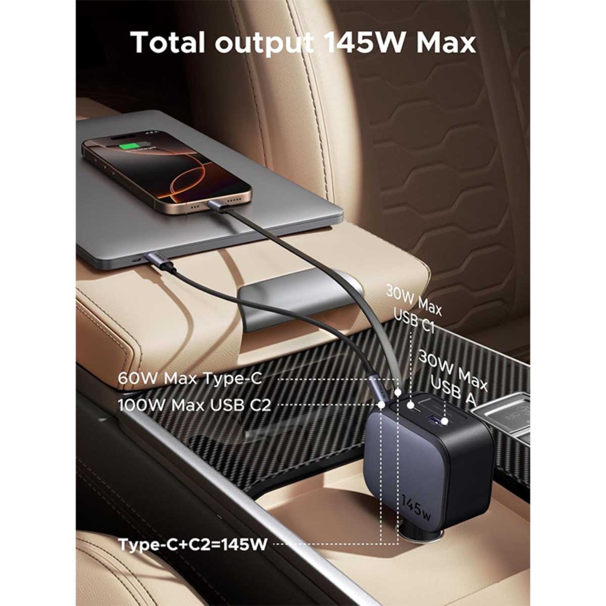 يوجرين شاحن سيارة بقدرة 145W مع 3 منافذ وكابل USB-C قابل للسحب
