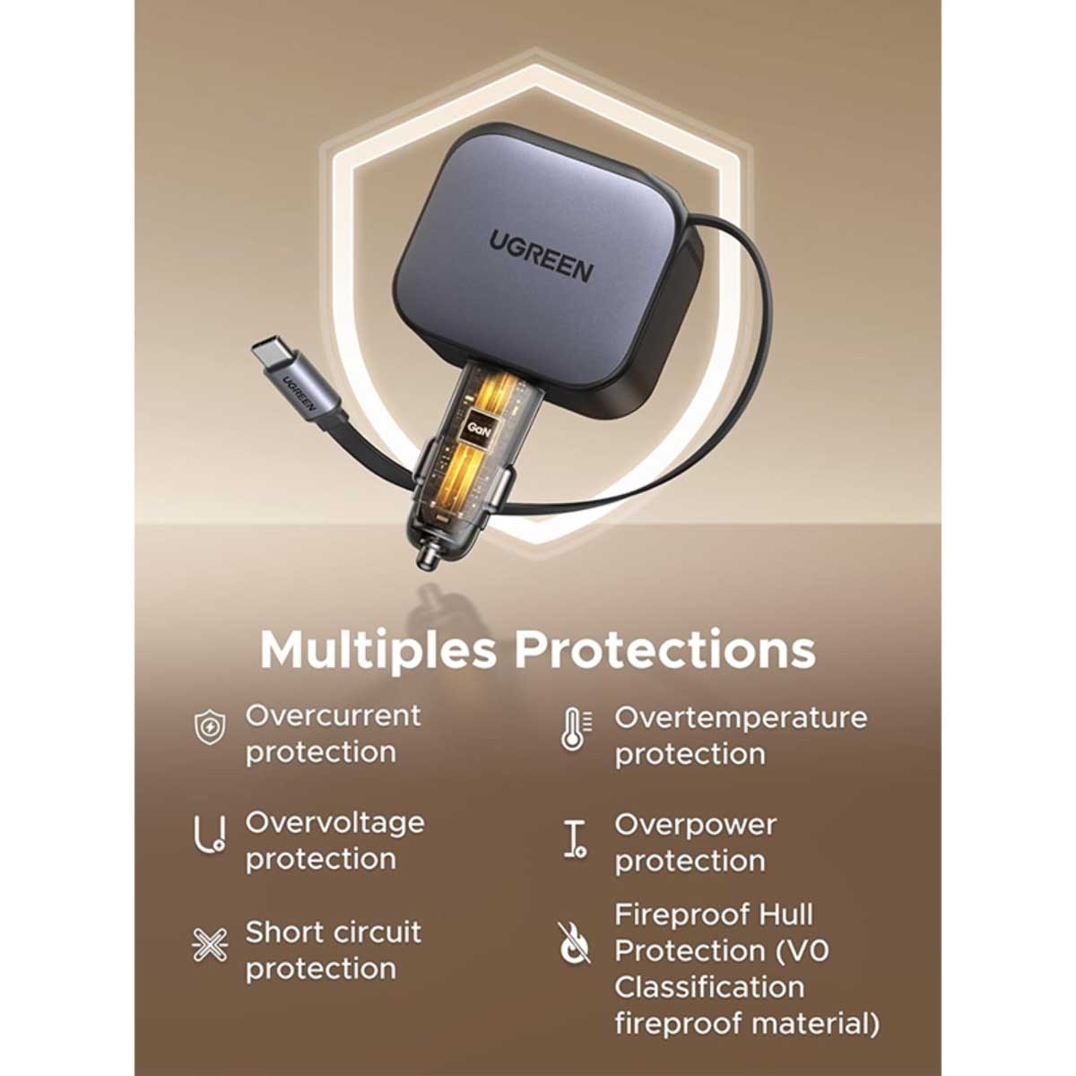 يوجرين شاحن سيارة بقدرة 145W مع 3 منافذ وكابل USB-C قابل للسحب