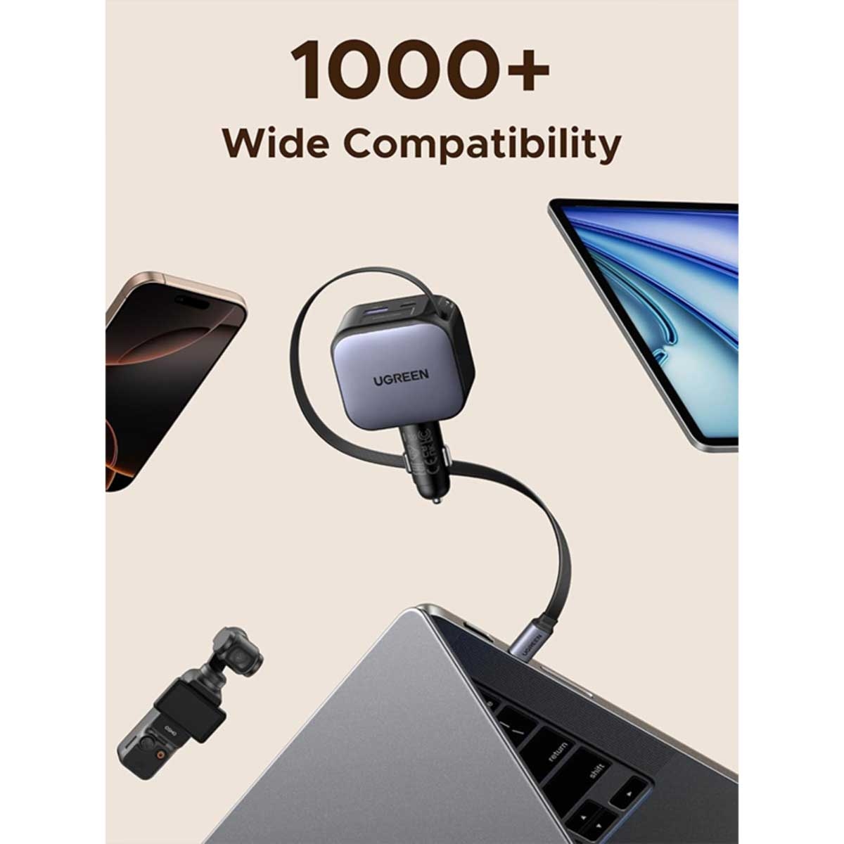 يوجرين شاحن سيارة بقدرة 145W مع 3 منافذ وكابل USB-C قابل للسحب