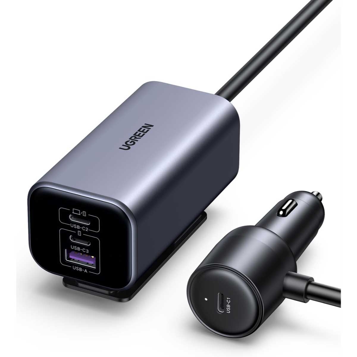 يوجرين شاحن سيارة بقدرة 150W مع 4 منافذ وكابل USB-C قابل للسحب