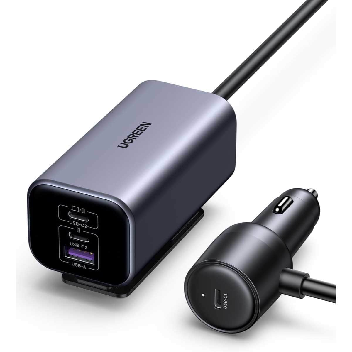 يوجرين شاحن سيارة بقدرة 150W مع 4 منافذ وكابل USB-C قابل للسحب
