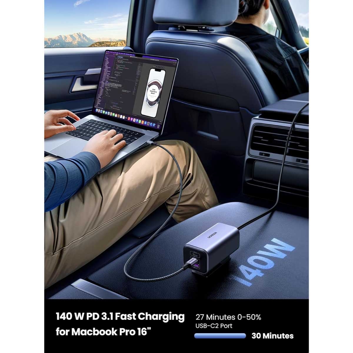 يوجرين شاحن سيارة بقدرة 150W مع 4 منافذ وكابل USB-C قابل للسحب
