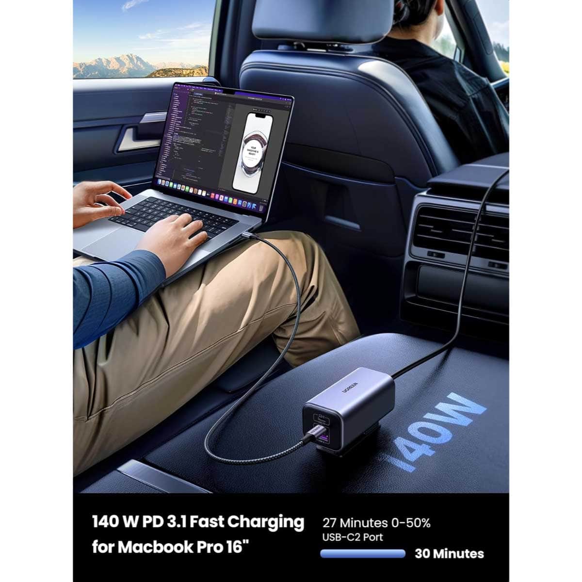 يوجرين شاحن سيارة بقدرة 150W مع 4 منافذ وكابل USB-C قابل للسحب
