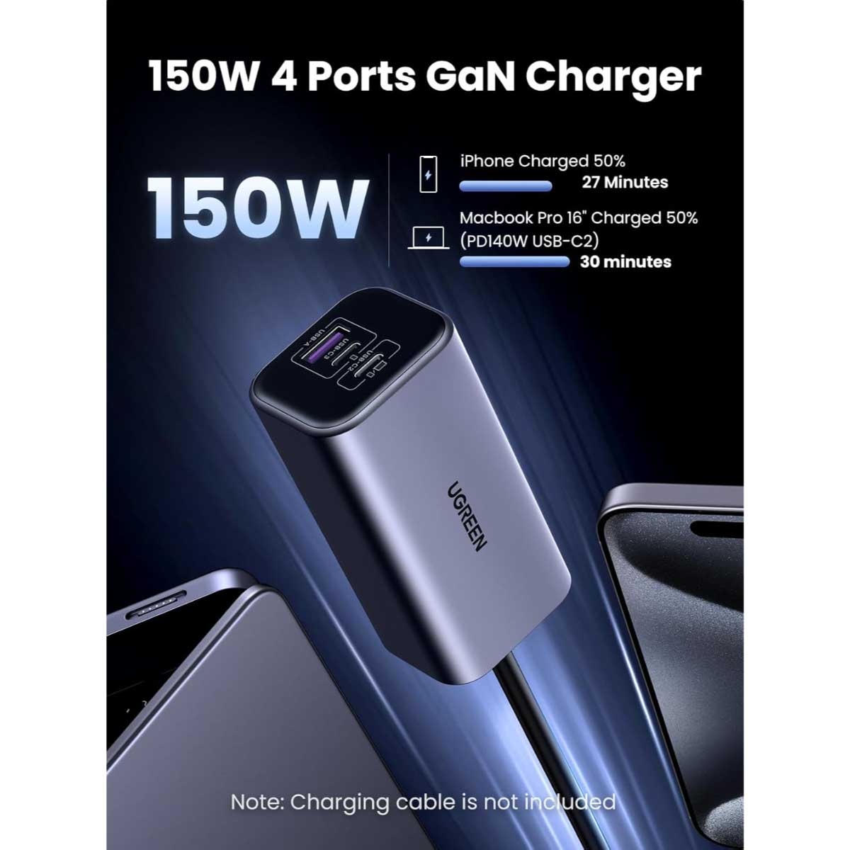 يوجرين شاحن سيارة بقدرة 150W مع 4 منافذ وكابل USB-C قابل للسحب