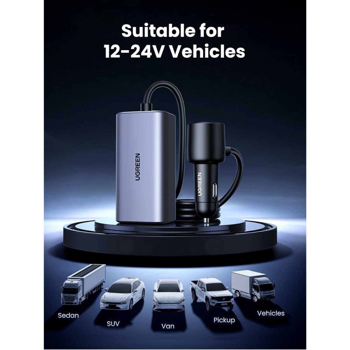 يوجرين شاحن سيارة بقدرة 150W مع 4 منافذ وكابل USB-C قابل للسحب