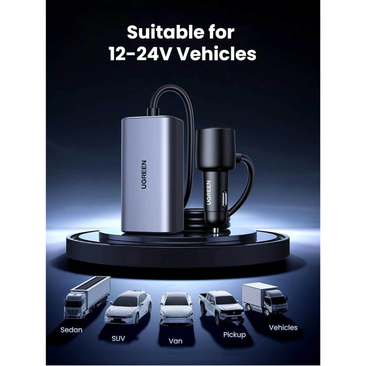 يوجرين شاحن سيارة بقدرة 150W مع 4 منافذ وكابل USB-C قابل للسحب