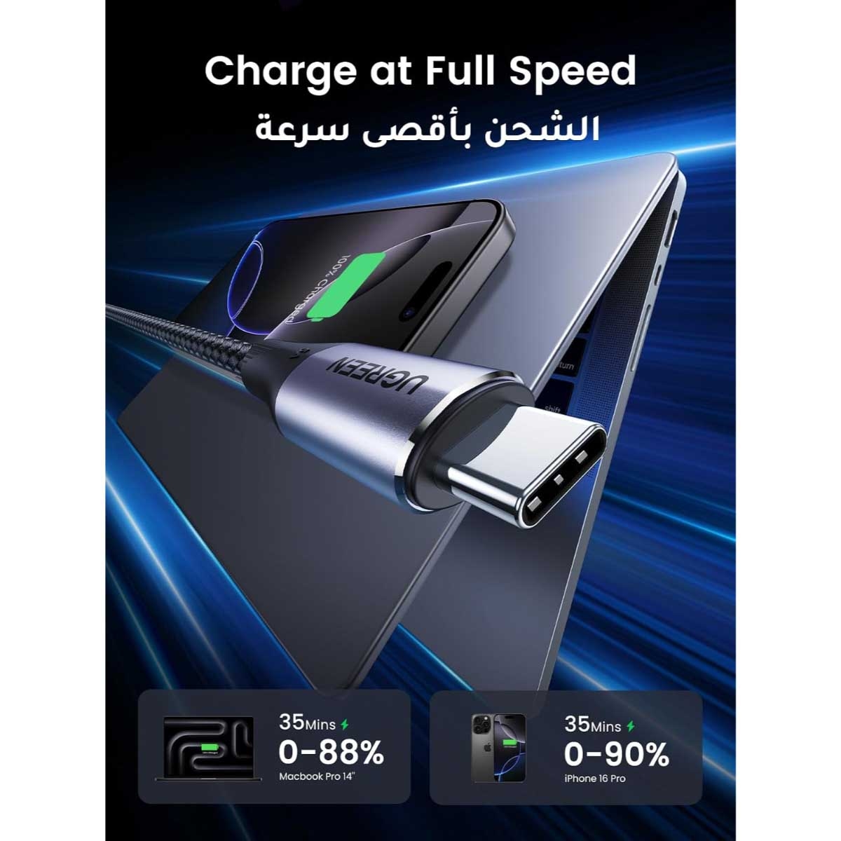 يوجرين كابل USB-C إلى USB-C بطول 1m بقدرة 240W