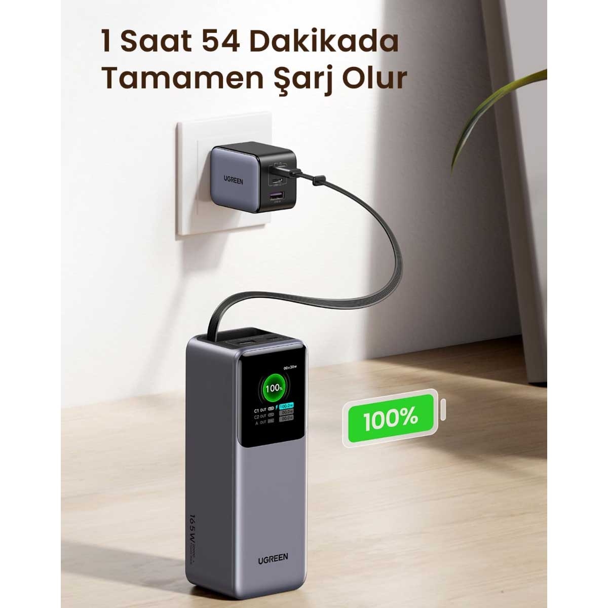 يوجرين باور بانك 20000mAh بقدرة 165W مع كابل USB-C قابل للسحب