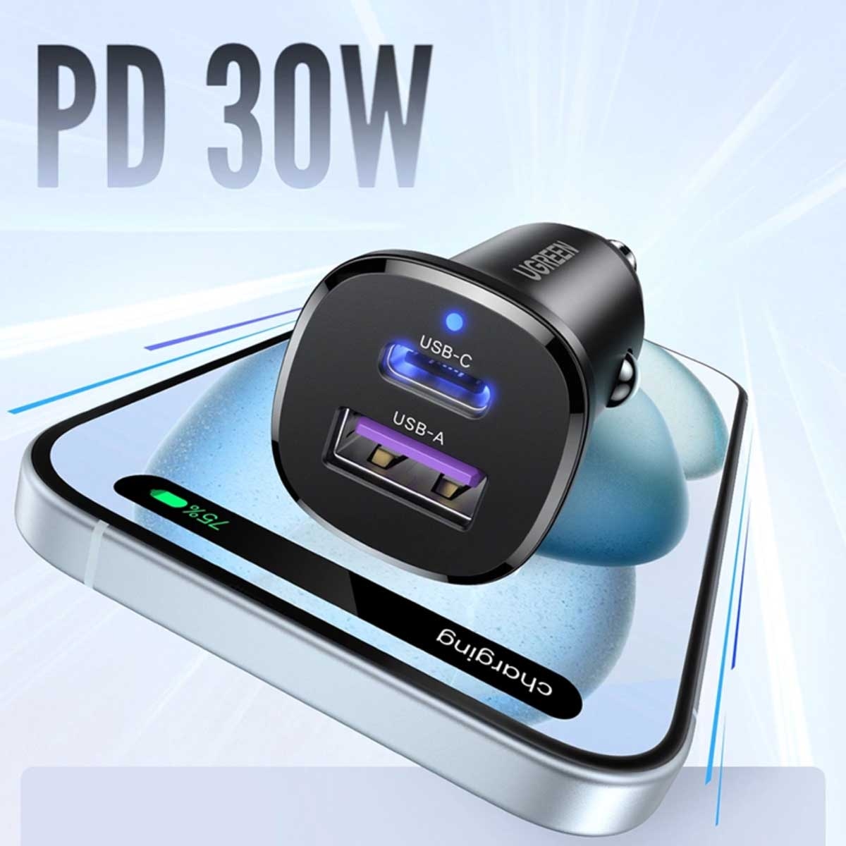 يوجرين شاحن سيارة بقدرة 30W بمنفذين USB-C وUSB-A