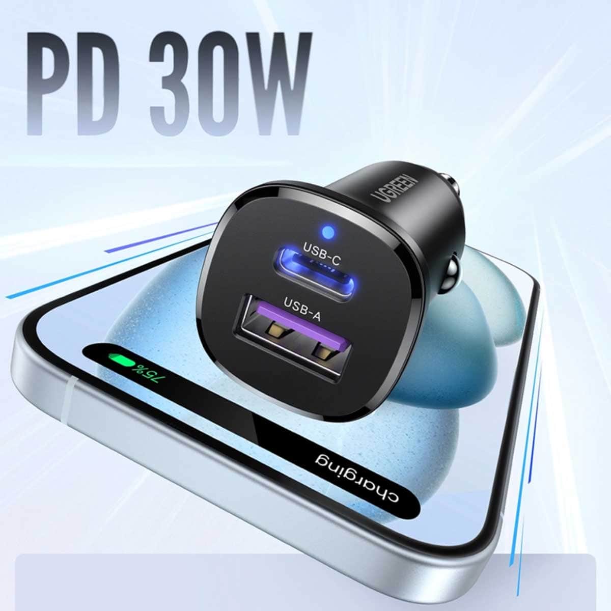 UGREEN 30W 2-Port USB-C/USB-A Car Charger