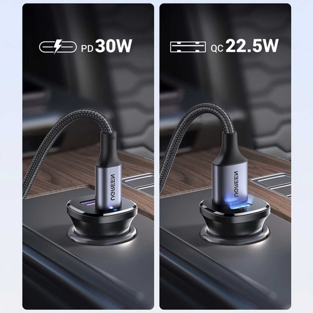 يوجرين شاحن سيارة بقدرة 30W بمنفذين USB-C وUSB-A