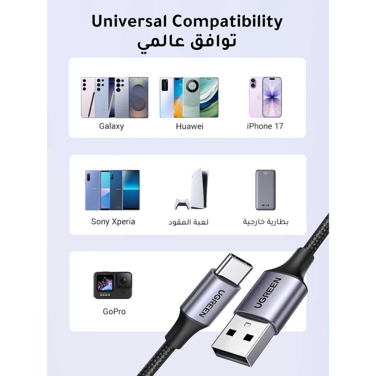 يوجرين كابل USB-A إلى USB-C بطول 3m بقدرة 18W