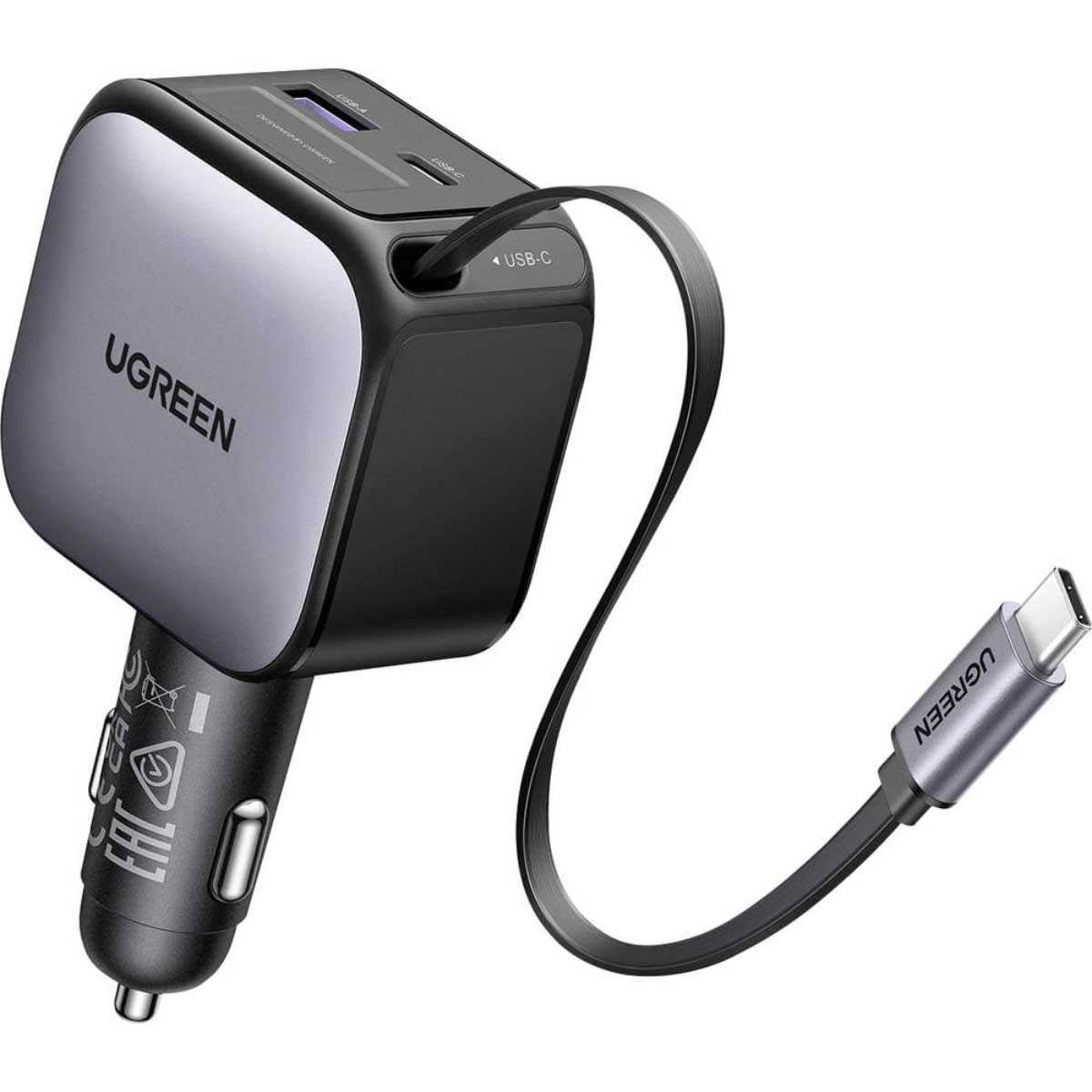يوجرين شاحن سيارة بقدرة 60W مع 3 منافذ 2C1A وكابل USB-C قابل للسحب