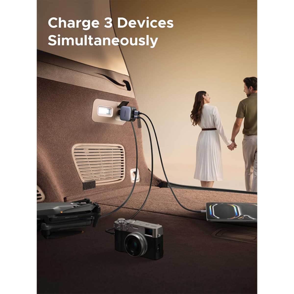 UGREEN 60W 3-Port 2C1A Car Charger with Retractable USB-C Cable