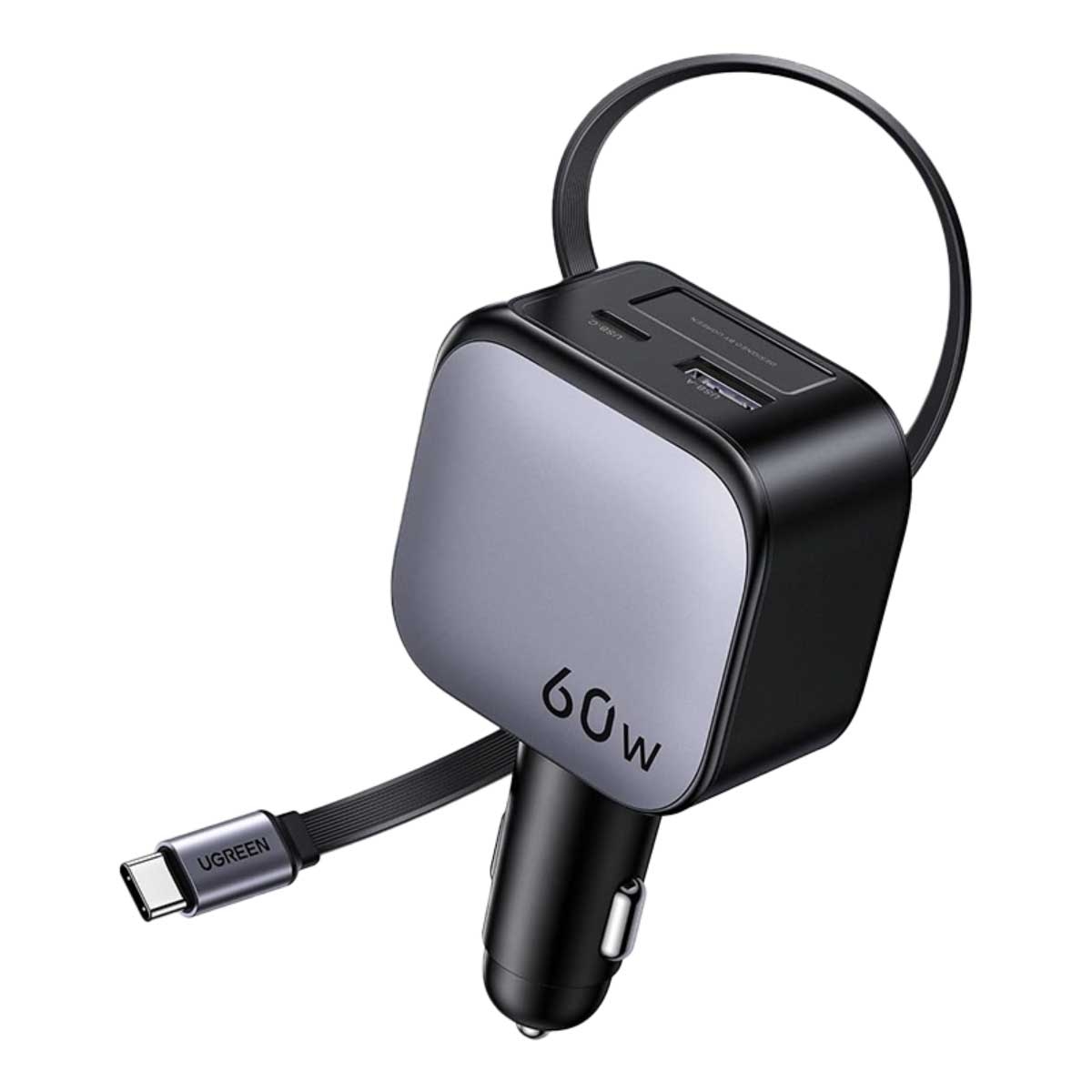 يوجرين شاحن سيارة بقدرة 60W مع 3 منافذ 2C1A وكابل USB-C قابل للسحب