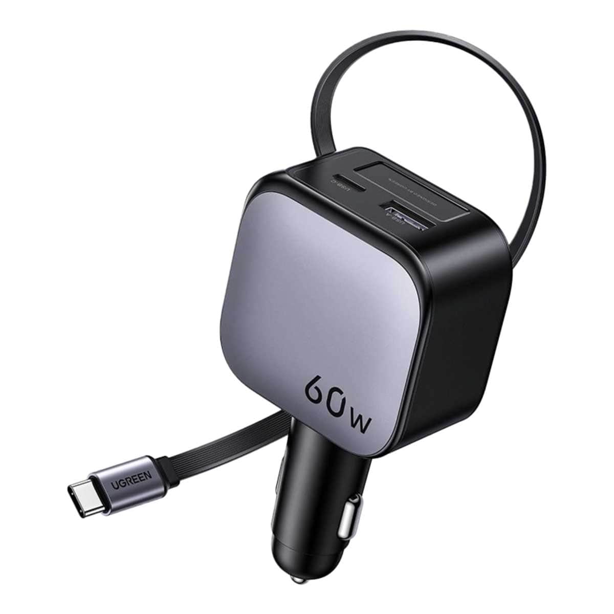 UGREEN 60W 3-Port 2C1A Car Charger with Retractable USB-C Cable
