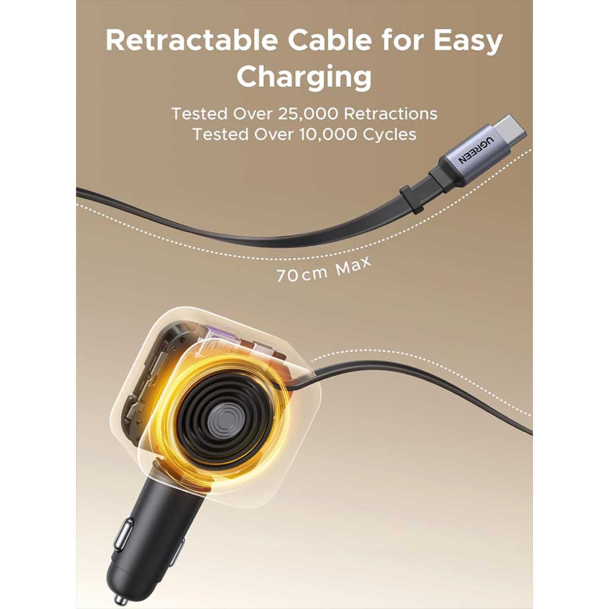 يوجرين شاحن سيارة بقدرة 60W مع 3 منافذ 2C1A وكابل USB-C قابل للسحب