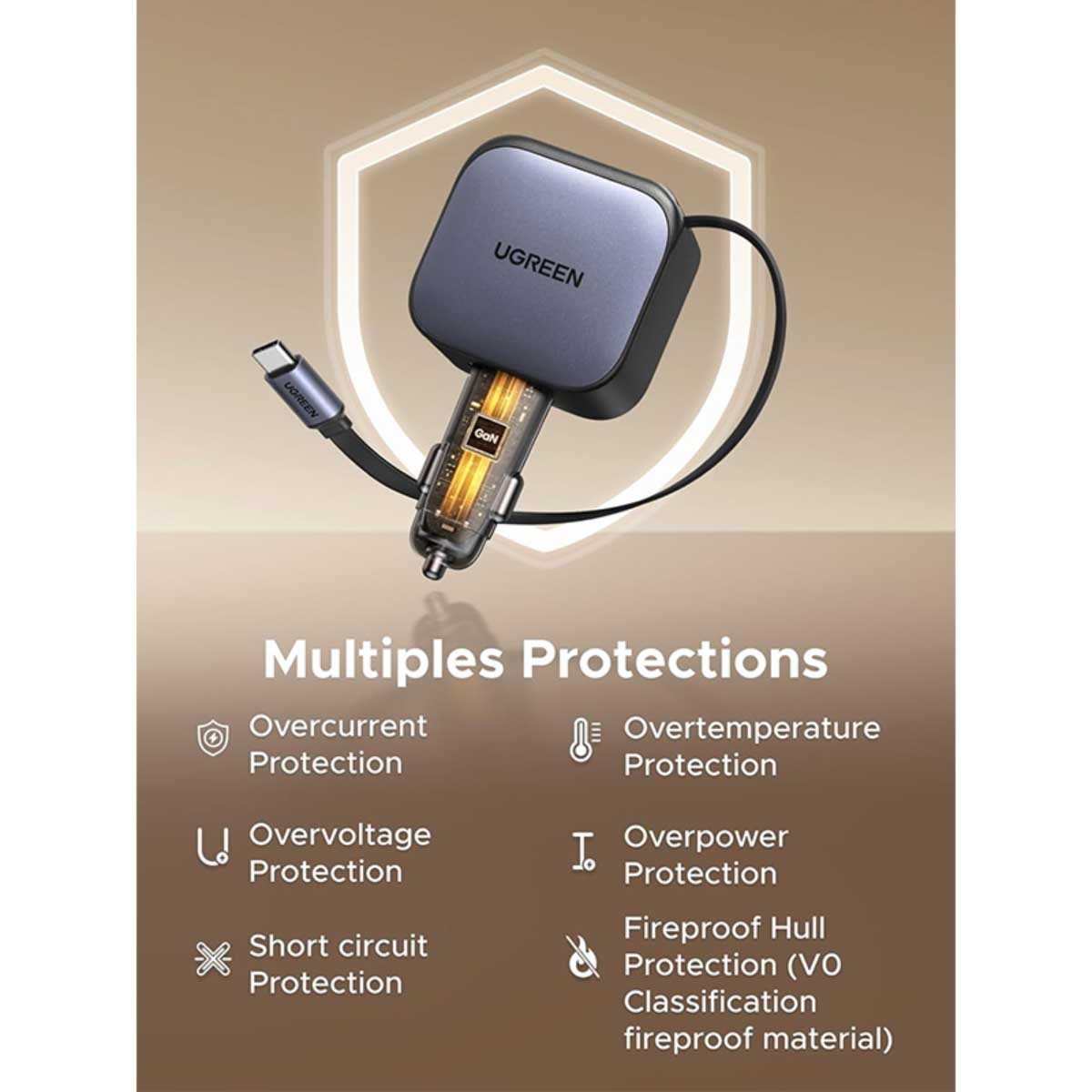 يوجرين شاحن سيارة بقدرة 60W مع 3 منافذ 2C1A وكابل USB-C قابل للسحب