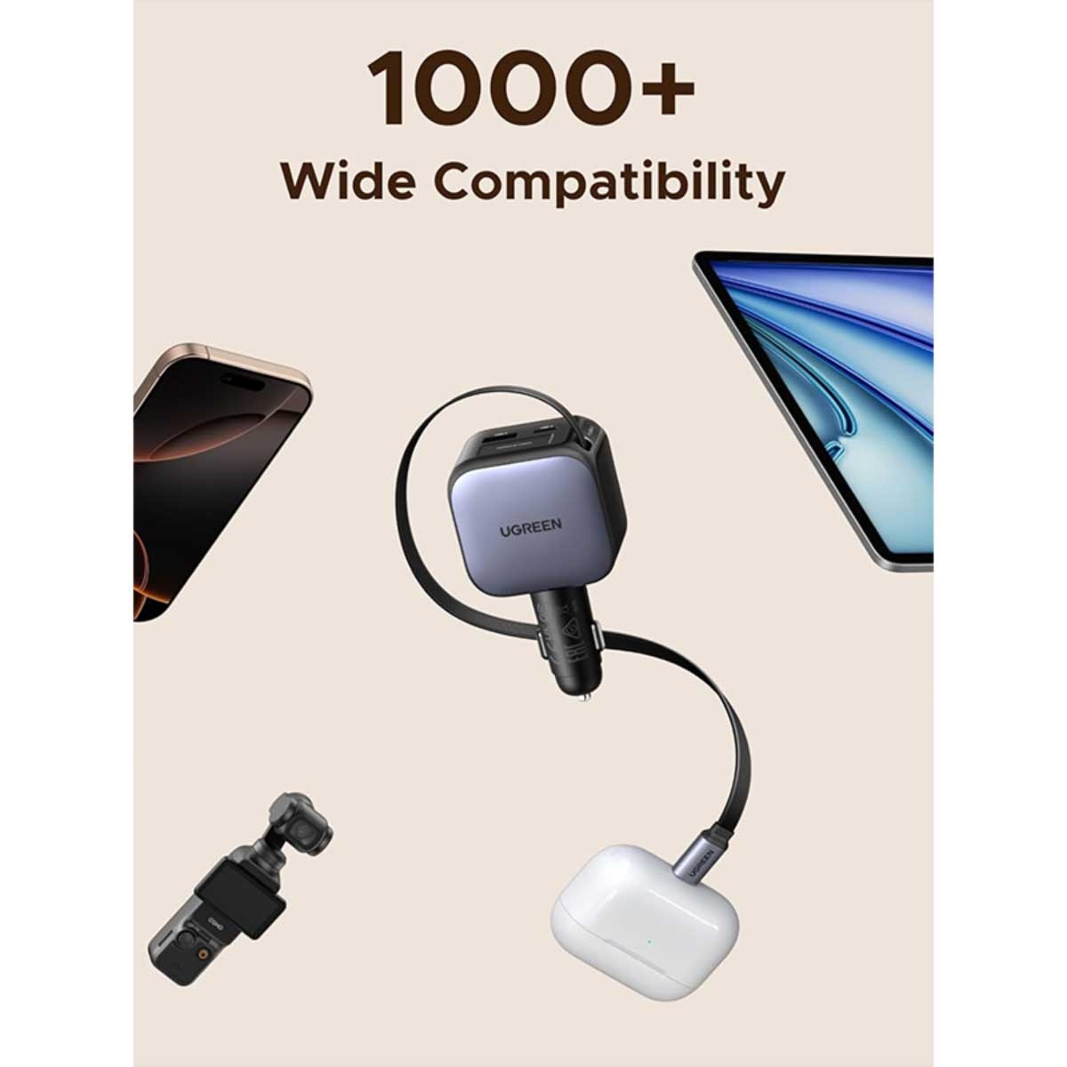 يوجرين شاحن سيارة بقدرة 60W مع 3 منافذ 2C1A وكابل USB-C قابل للسحب