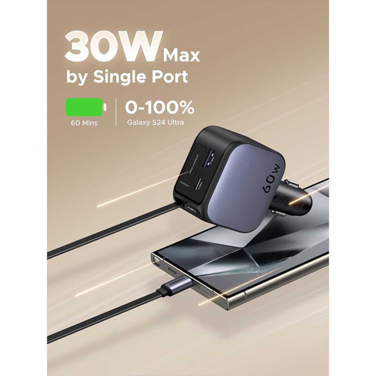 يوجرين شاحن سيارة بقدرة 60W مع 3 منافذ 2C1A وكابل USB-C قابل للسحب