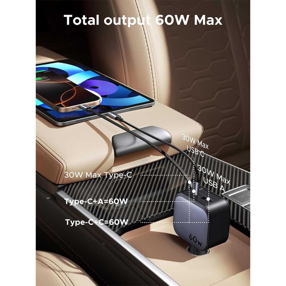 يوجرين شاحن سيارة بقدرة 60W مع 3 منافذ 2C1A وكابل USB-C قابل للسحب