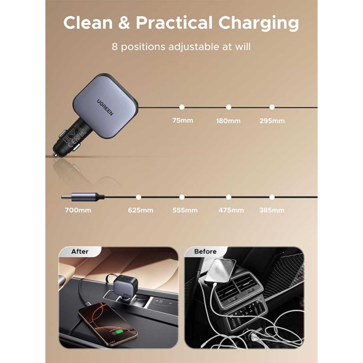يوجرين شاحن سيارة بقدرة 60W مع 3 منافذ 2C1A وكابل USB-C قابل للسحب