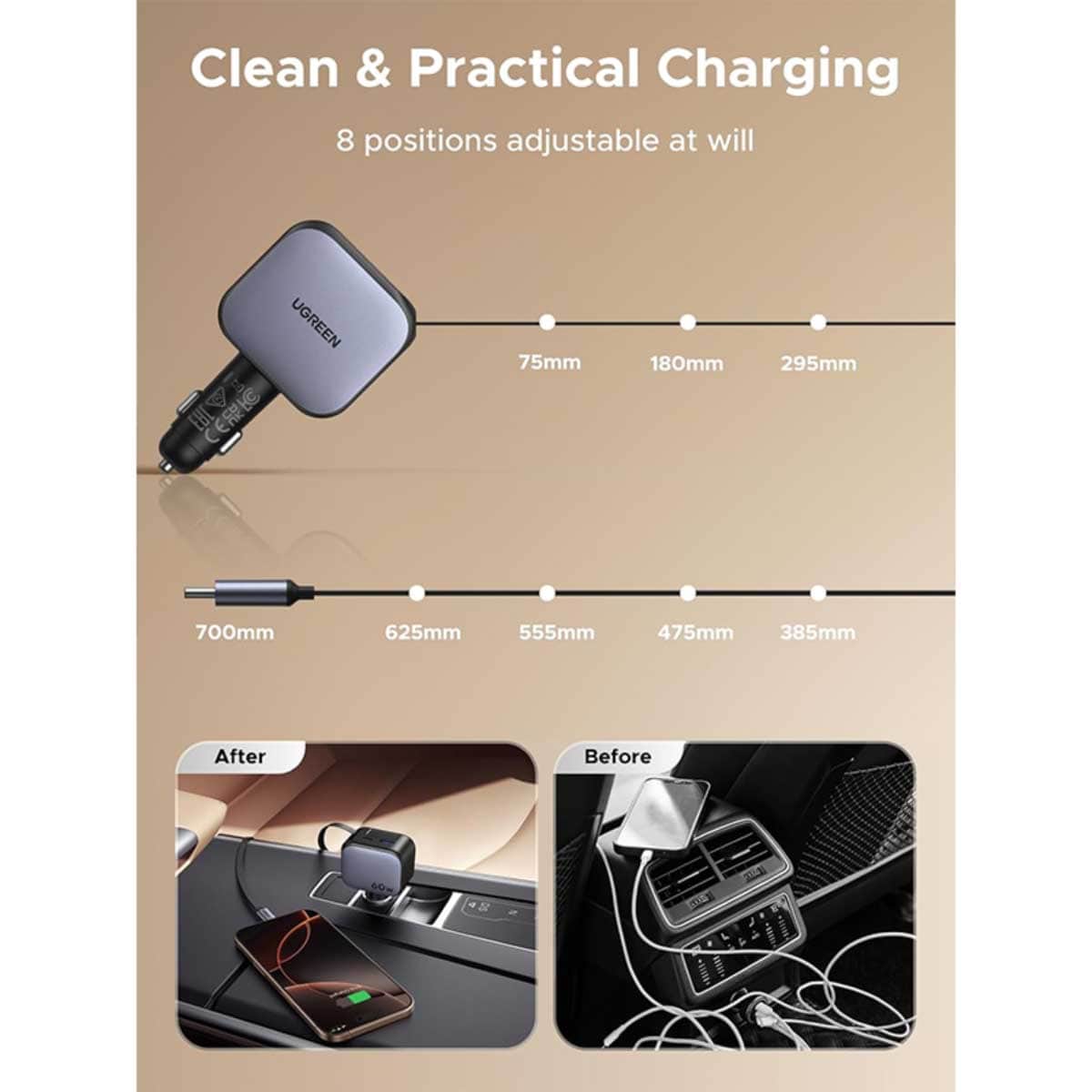 UGREEN 60W 3-Port 2C1A Car Charger with Retractable USB-C Cable