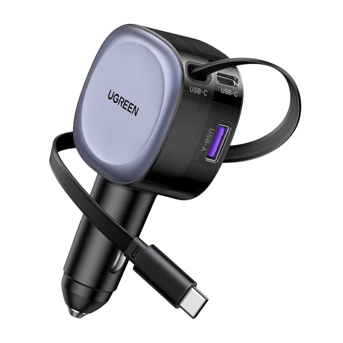 UGREEN 75W 3-Port Car Charger with Retractable USB-C Cable