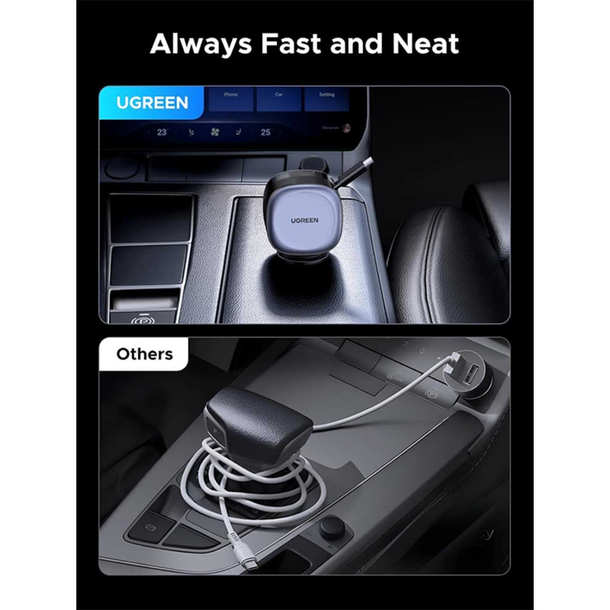 UGREEN 75W 3-Port Car Charger with Retractable USB-C Cable