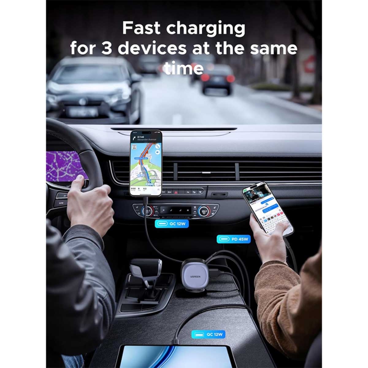UGREEN 75W 3-Port Car Charger with Retractable USB-C Cable