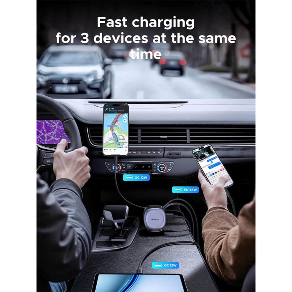 يوجرين شاحن سيارة بقدرة 75W مع 3 منافذ وكابل USB-C قابل للسحب