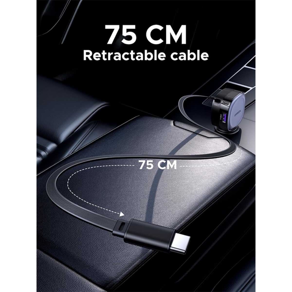 UGREEN 75W 3-Port Car Charger with Retractable USB-C Cable