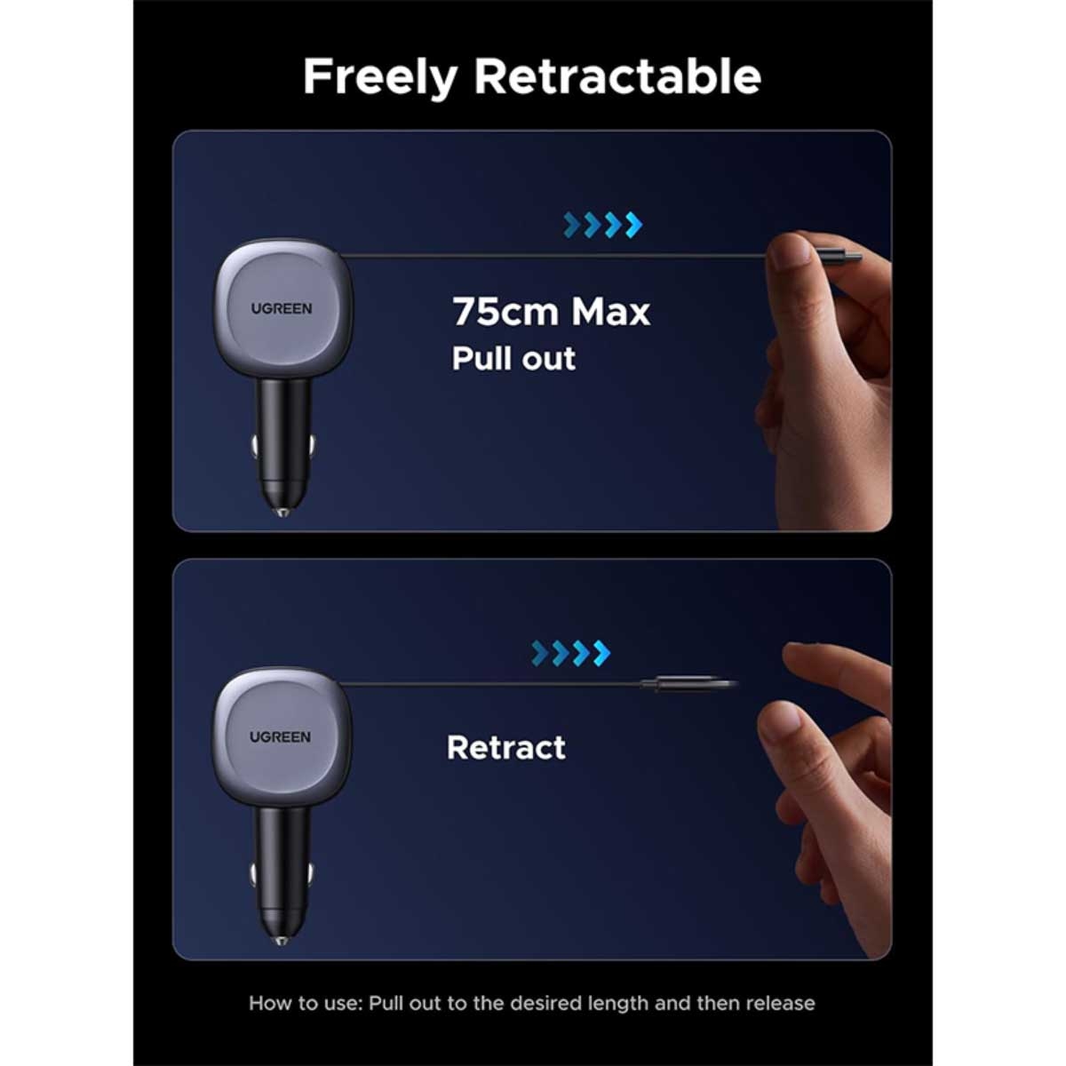 UGREEN 75W 3-Port Car Charger with Retractable USB-C Cable