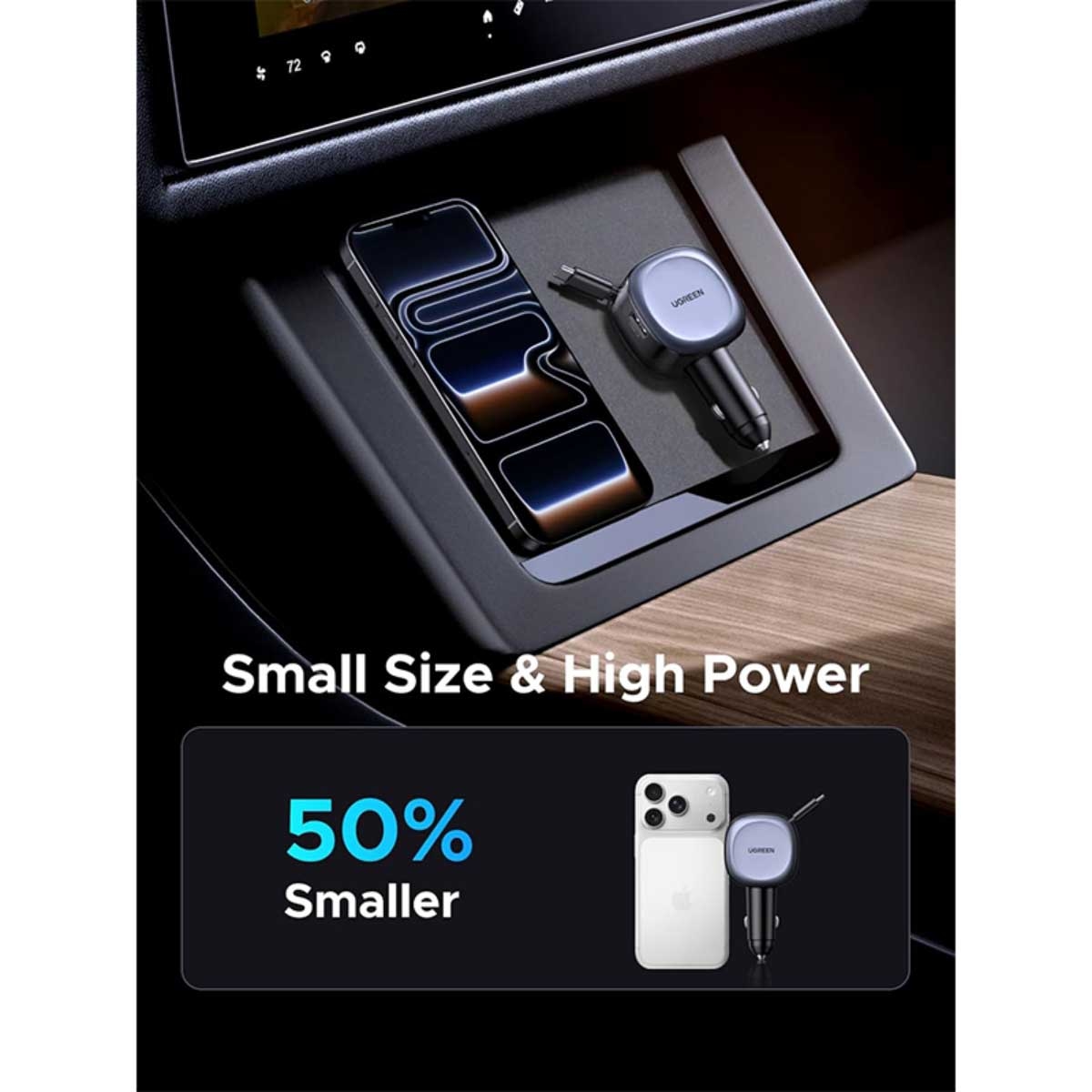 UGREEN 75W 3-Port Car Charger with Retractable USB-C Cable