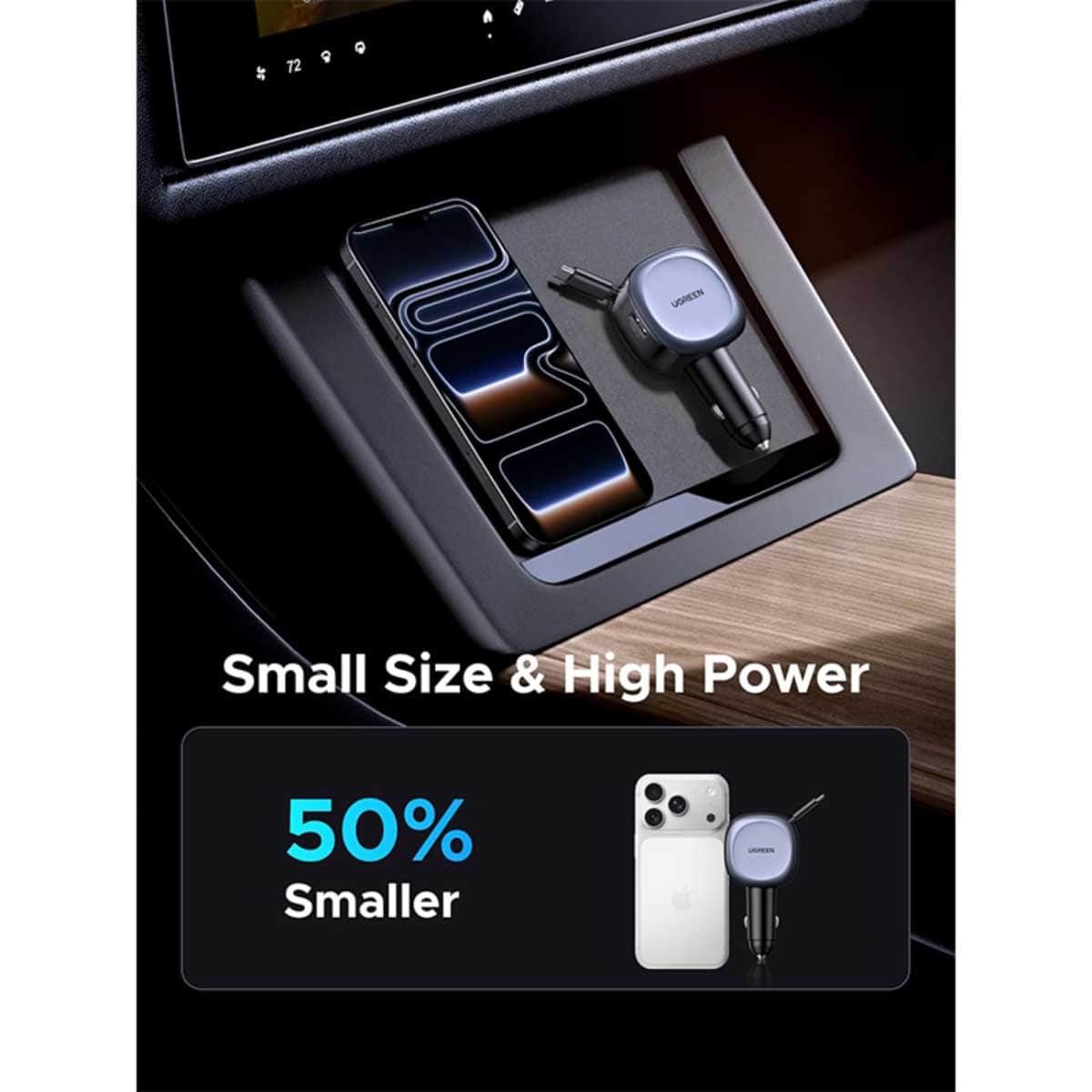 يوجرين شاحن سيارة بقدرة 75W مع 3 منافذ وكابل USB-C قابل للسحب