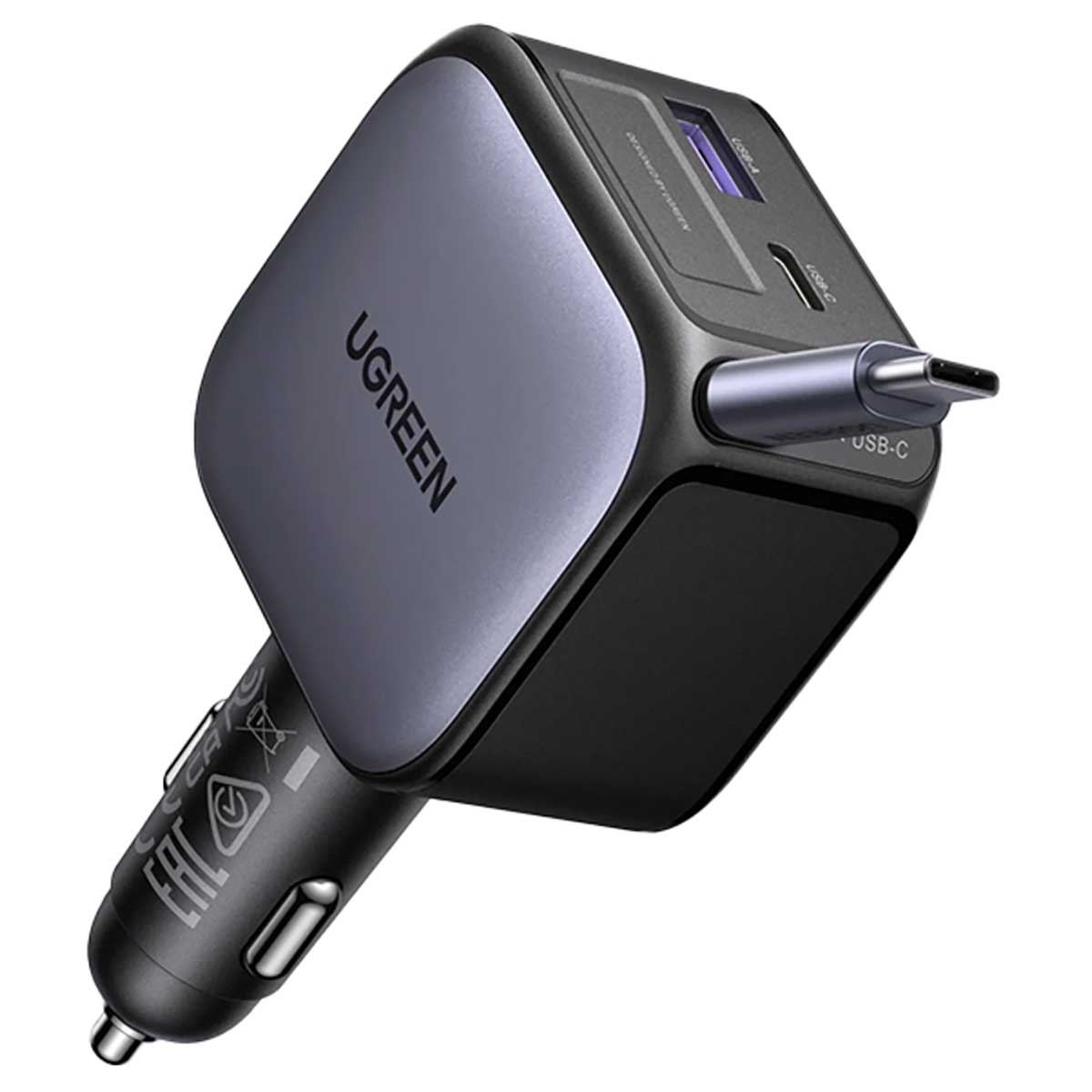 UGREEN 90W 3-Port Car Charger with Retractable USB-C Cable