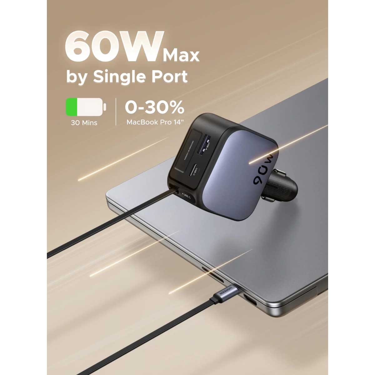 UGREEN 90W 3-Port Car Charger with Retractable USB-C Cable