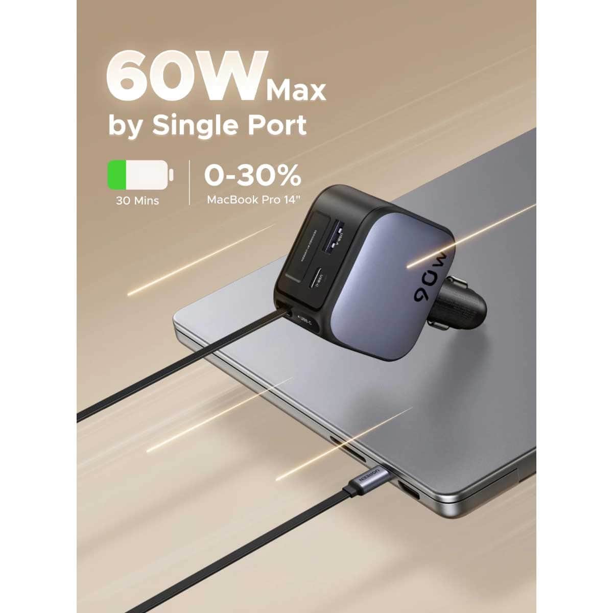 UGREEN 90W 3-Port Car Charger with Retractable USB-C Cable