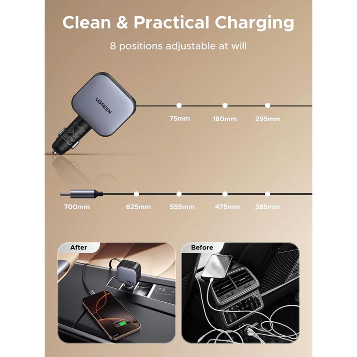 UGREEN 90W 3-Port Car Charger with Retractable USB-C Cable