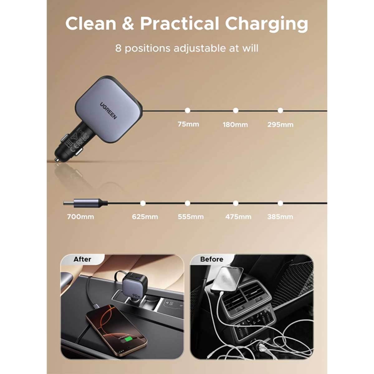 UGREEN 90W 3-Port Car Charger with Retractable USB-C Cable